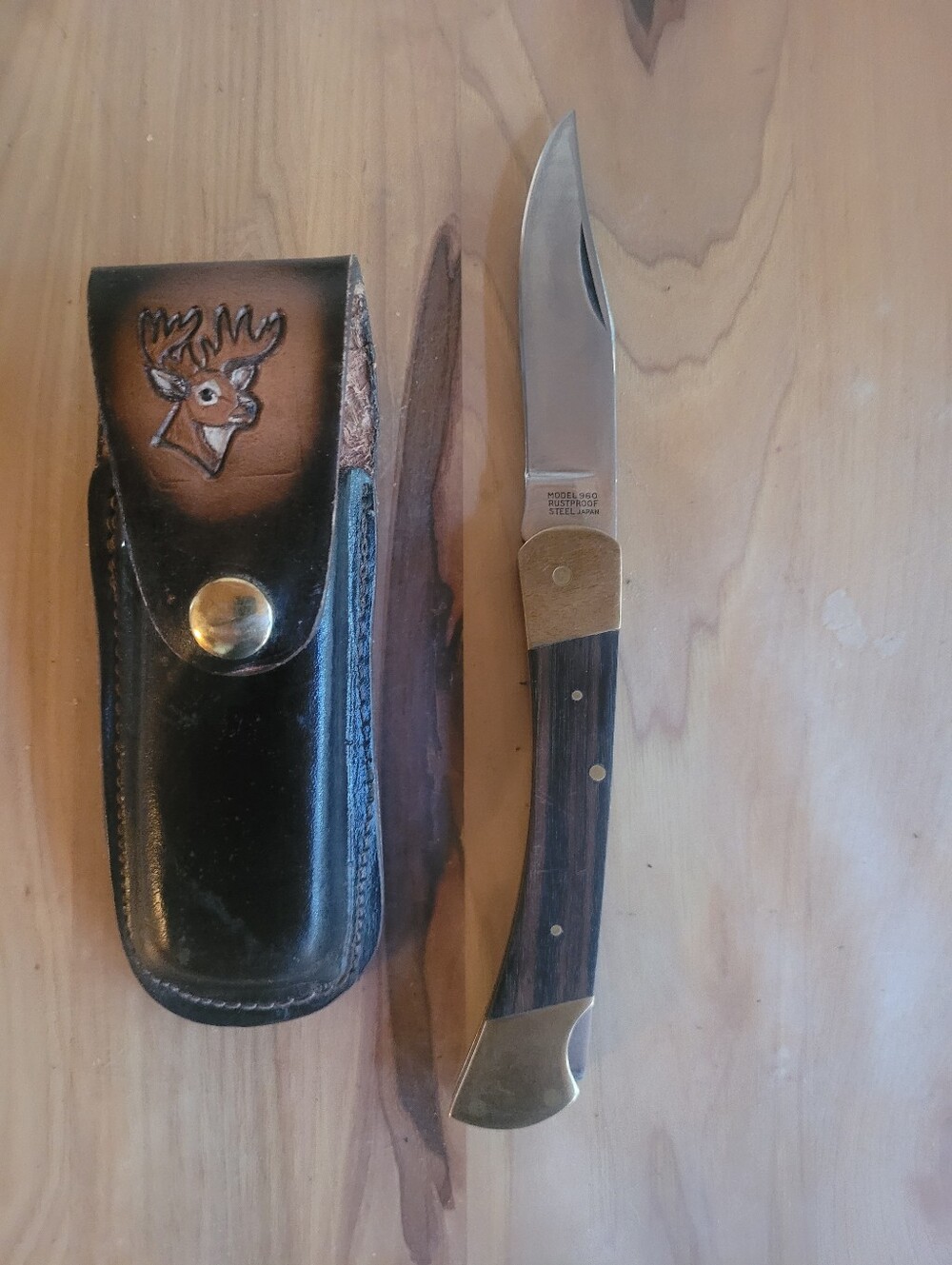 Vintage Folding Knife With Original Leather Sheath Model 960 Made In Japan.